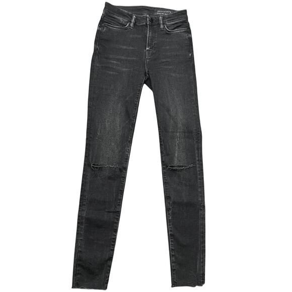 AllSaints Womens Grace Slashed Black Skinny Mid Rise Distressed Denim Jeans 25 - Picture 1 of 6